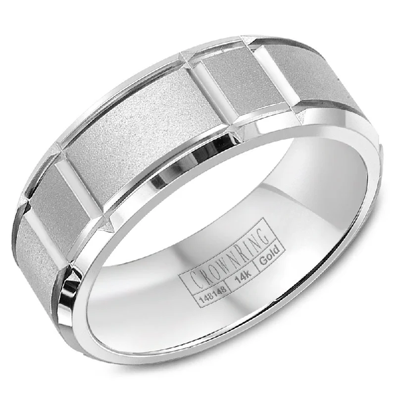 Shop Handcrafted Jewelry At Special Promotional Rates CrownRing 7MM Wedding Band with Sandblast Center and Notch Detailing WB-9910
