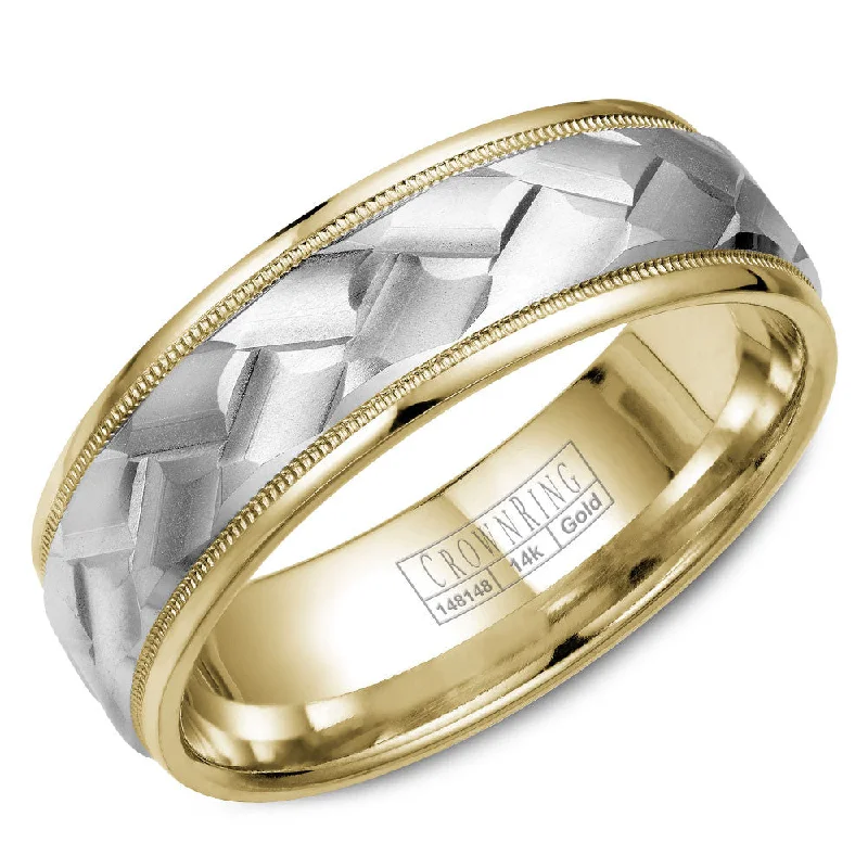 Dainty And Elegant Jewelry Now At Reduced Prices CrownRing 7MM Yellow Gold Wedding Band with Carved White Gold Center WB-9583