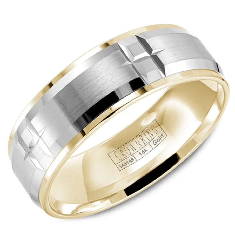 Premium Diamond Jewelry At Once-In-A-Lifetime Discounts CrownRing 7MM Yellow Gold Wedding Band with White Gold Brushed Center and Notch Detailing WB-9404WY