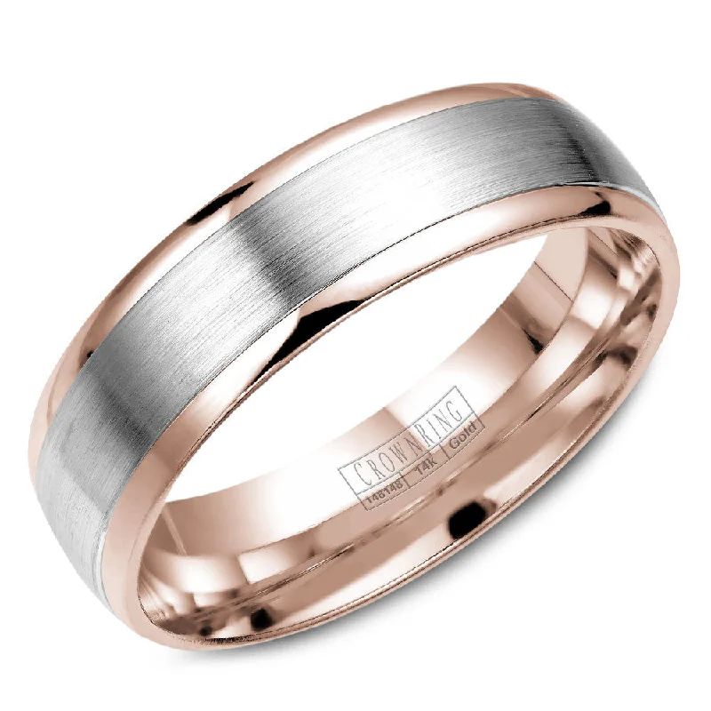 Fashion-Forward Geometric Jewelry For Contemporary Style CrownRing 6MM Rose Gold Wedding Band with White Gold Brushed Center WB-7141WR Fashion-Forward Geometric Jewelry For Contemporary Style CrownRing 6MM Rose Gold Wedding Band with White Gold Brushed Center WB-7141WR