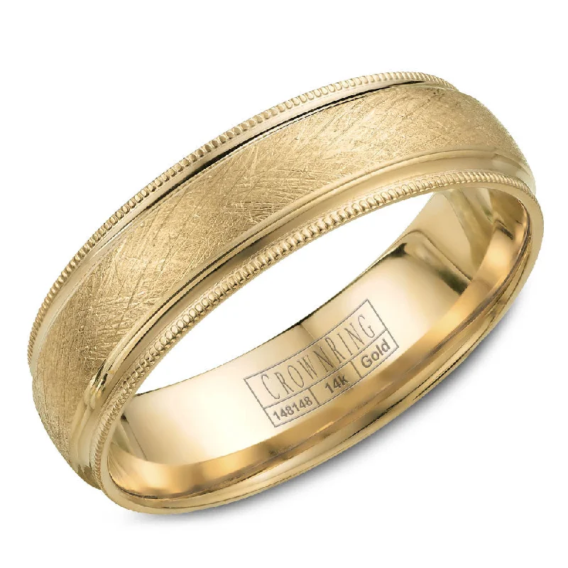 Timeless Jewelry At Special Discount Rates CrownRing 6MM Yellow Gold Wedding Band with Textured Finish and Milgrain Detailing WB-7915