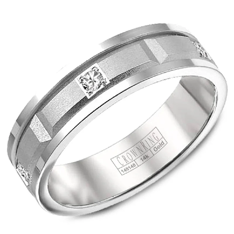 Bohemian-Inspired Jewelry For Free-Spirited Fashion CrownRing 6MM 5 Round Diamond Wedding Band with Sandpaper Center & Line Detailing WB-8204 Bohemian-Inspired Jewelry For Free-Spirited Fashion CrownRing 6MM 5 Round Diamond Wedding Band with Sandpaper Center & Line Detailing WB-8204