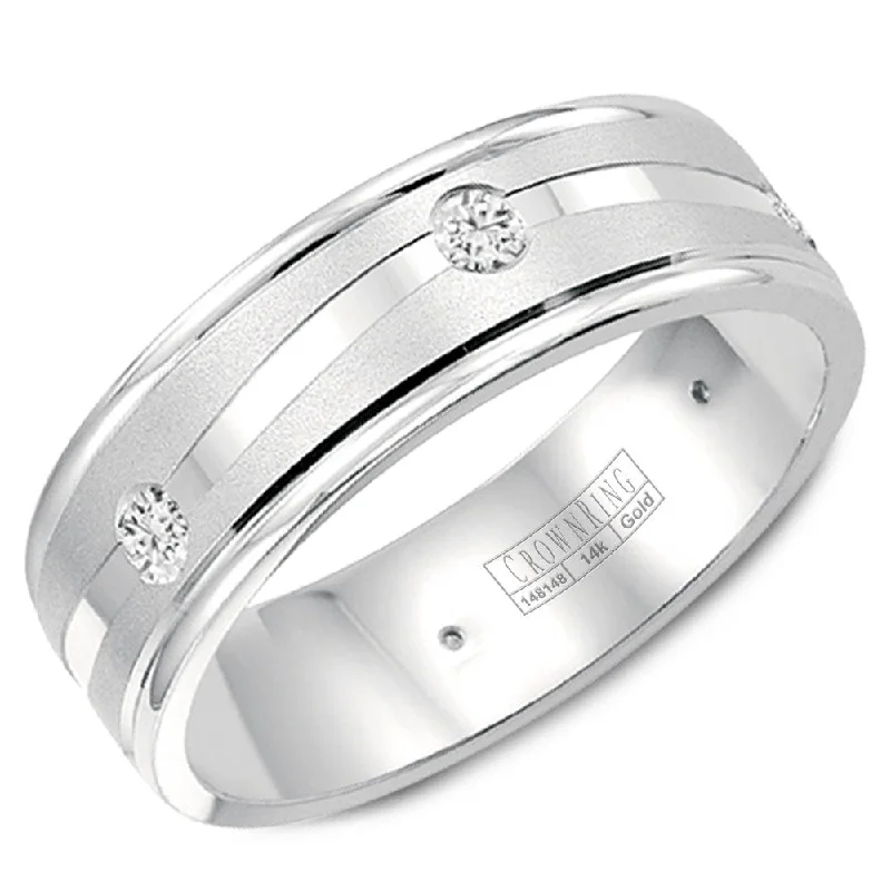 Eco-Friendly Sustainable Jewelry For Conscious Buyers CrownRing 6MM 6 Round Diamonds Wedding Band with Sandblast Center WB-6999 Eco-Friendly Sustainable Jewelry For Conscious Buyers CrownRing 6MM 6 Round Diamonds Wedding Band with Sandblast Center WB-6999