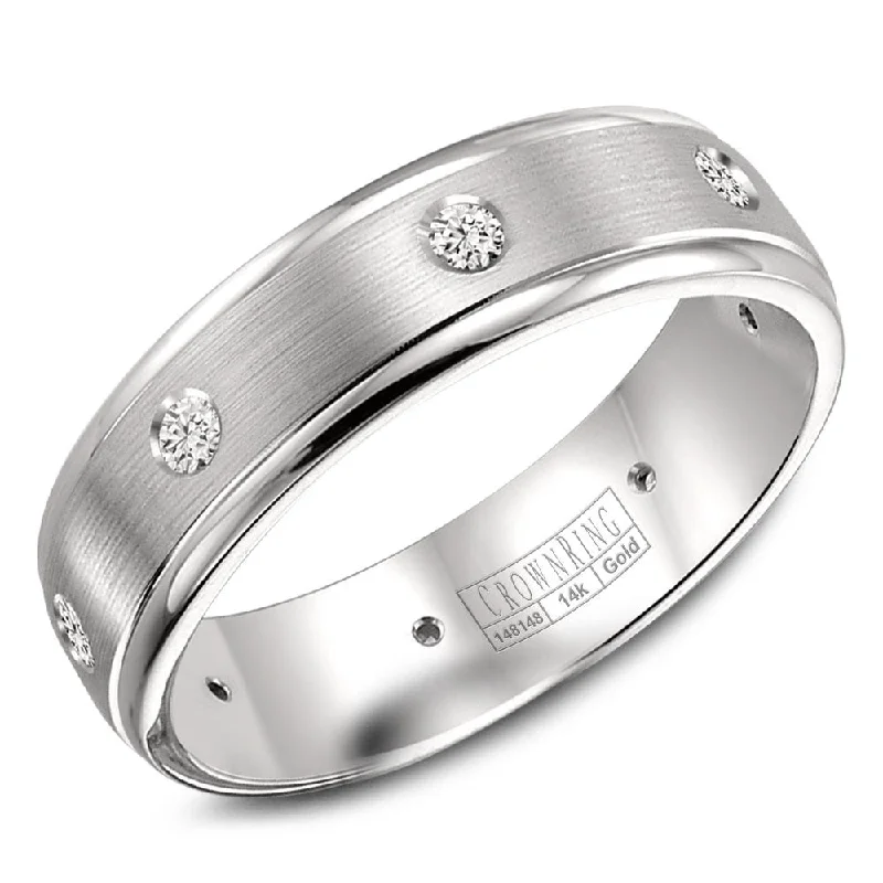 Premium Diamond Jewelry For Unforgettable Moments CrownRing 6MM 8 Round Diamonds Wedding Band with Brushed Center WB-7096 Premium Diamond Jewelry For Unforgettable Moments CrownRing 6MM 8 Round Diamonds Wedding Band with Brushed Center WB-7096