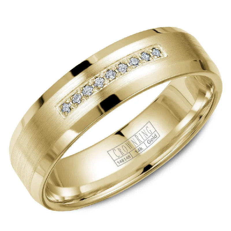Limited-Stock Jewelry Sale – Once It's Gone, It's Gone CrownRing 6MM Yellow Gold Diamond Wedding Band with Brushed Finish and Beveled Edges WB-9612Y