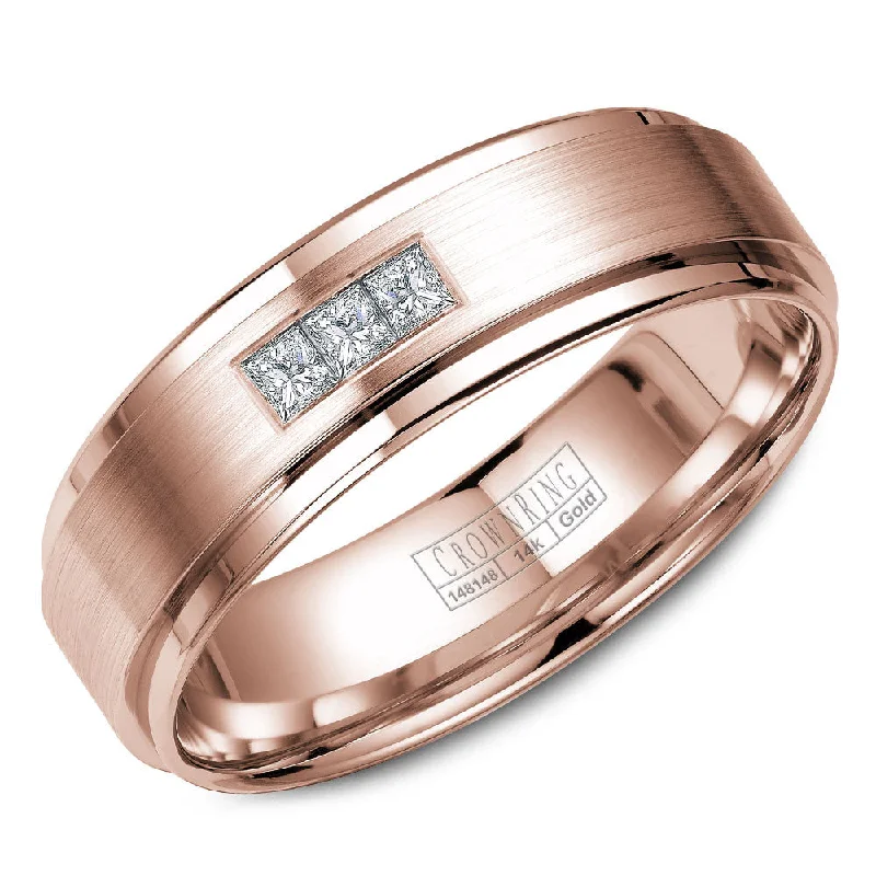 Romantic Heart-Shaped Jewelry For Special Gifts CrownRing 6MM Rose Gold Wedding Band with 3 Round Diamonds and Brushed Center WB-7973 Romantic Heart-Shaped Jewelry For Special Gifts CrownRing 6MM Rose Gold Wedding Band with 3 Round Diamonds and Brushed Center WB-7973