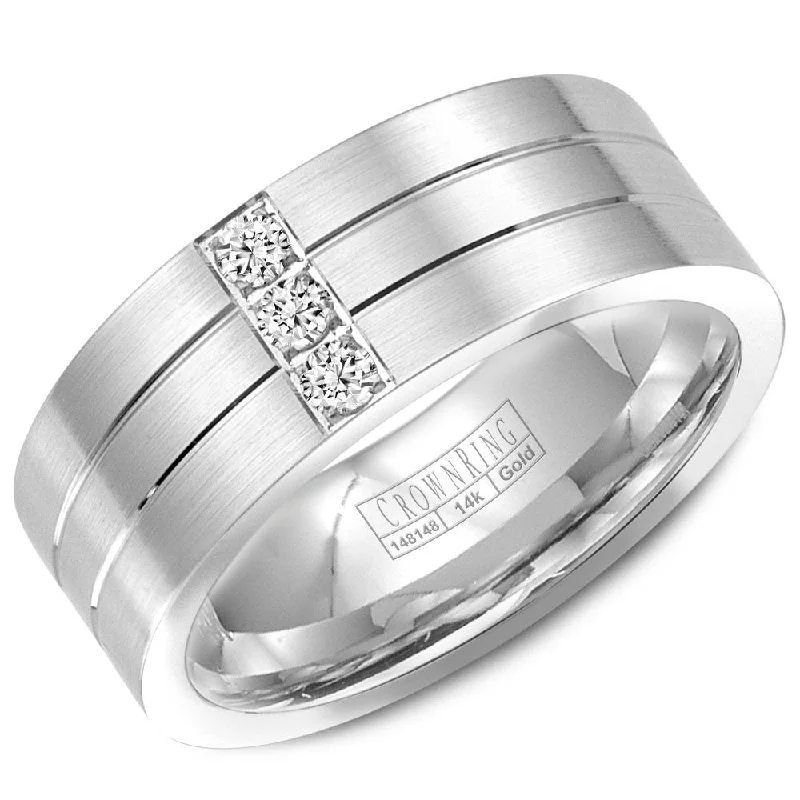 Shop High-Quality Jewelry At Jaw-Dropping Discounts CrownRing 8MM 3 Round Diamond Wedding Band with Brushed Center and Line Detailing WB-9110