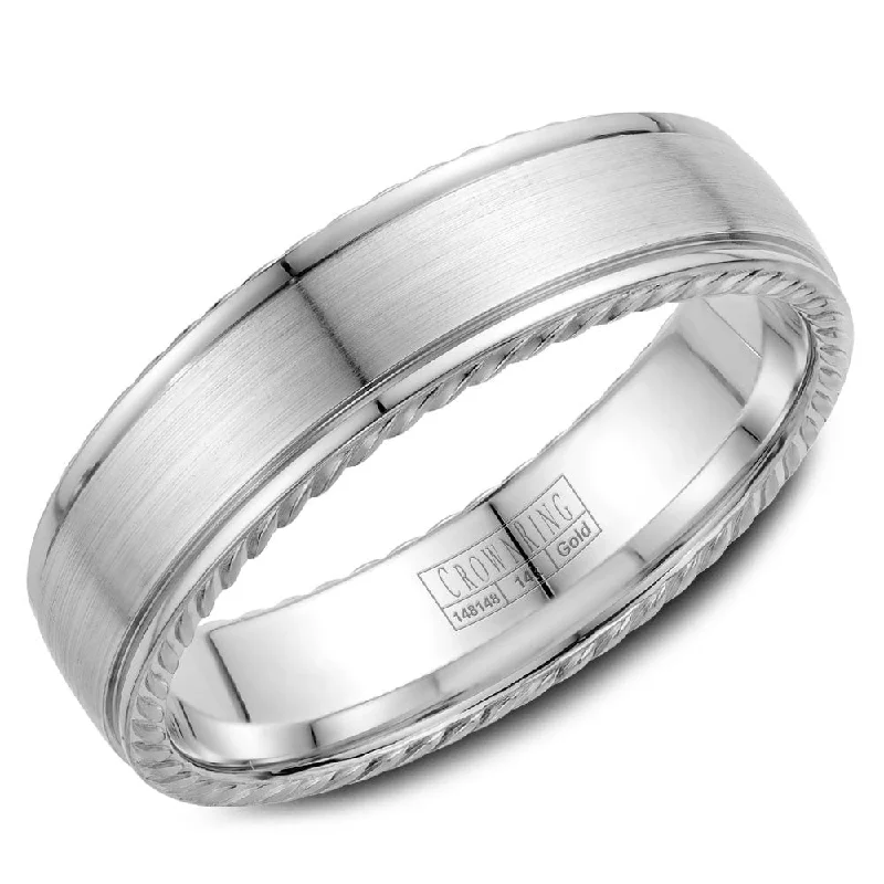 Clearance Sale On High-End Jewelry Collections CrownRing 6MM Wedding Band with Brushed Center & Rope Detailing WB-005R6W Clearance Sale On High-End Jewelry Collections CrownRing 6MM Wedding Band with Brushed Center & Rope Detailing WB-005R6W