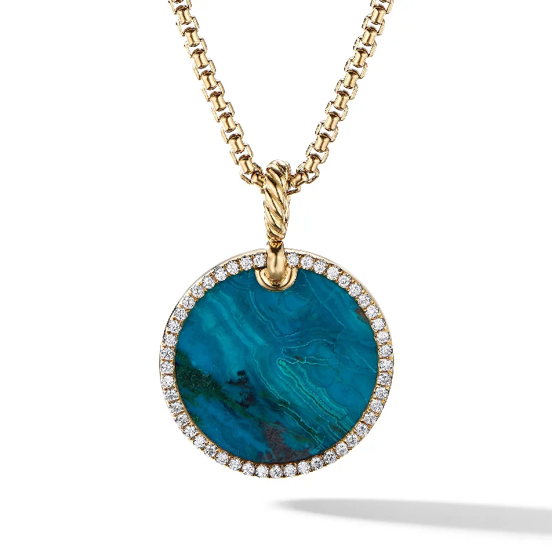 Handmade Pearl Jewelry For Timeless Elegance Limited DY Elements® Disc Pendant in 18K Yellow Gold with Chrysocolla and Diamonds\, 24mm