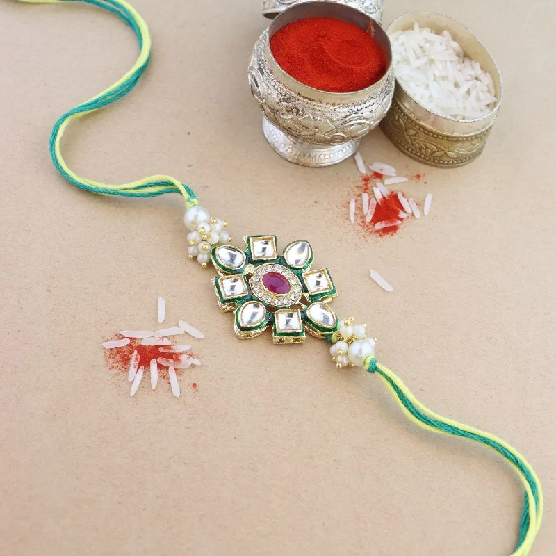 Trending Jewelry Styles Now At Limited-Time Discounts Etnico I Jewels Pearl & Kundan Designer Bhaiya Rakhi With Roli Chawal for Brother/Bro/Men with Rakshabandhan Card (R122G)
