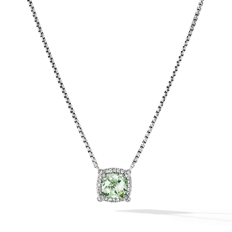 Fashion-Forward Jewelry At Exclusive Discounts Petite Chatelaine® Pavé Bezel Pendant Necklace in Sterling Silver with Prasiolite and Diamonds, 7mm