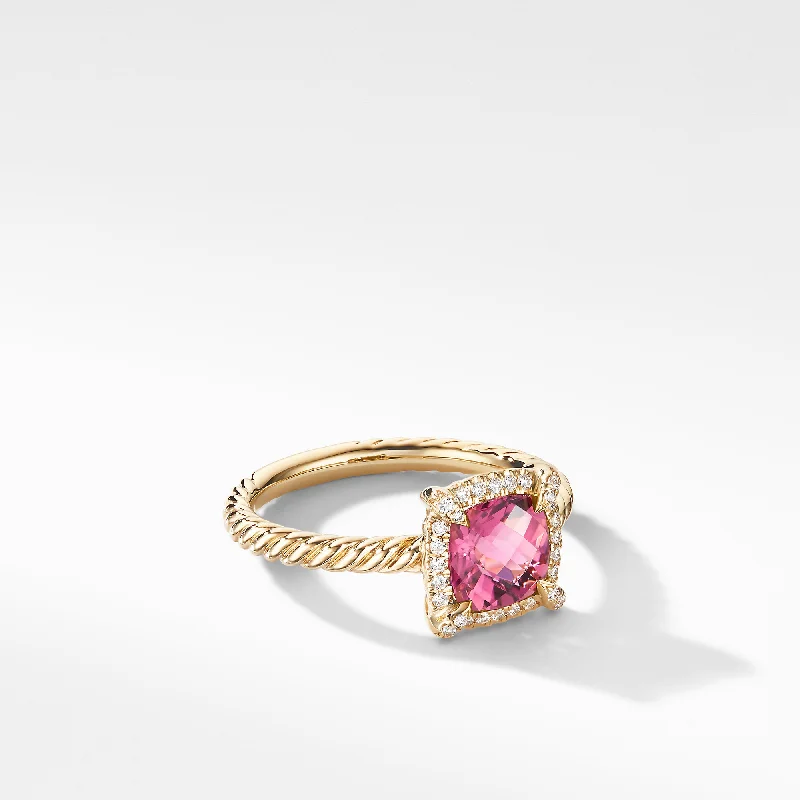 Shop Fine Jewelry With Exclusive Savings Petite Chatelaine® Pavé Bezel Ring in 18K Yellow Gold with Pink Tourmaline and Diamonds\, 7mm