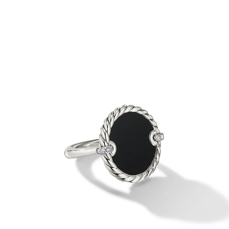 Waterproof Stainless Steel Jewelry For Lasting Beauty DY Elements® Ring in Sterling Silver with Black Onyx and Diamonds\, 21mm