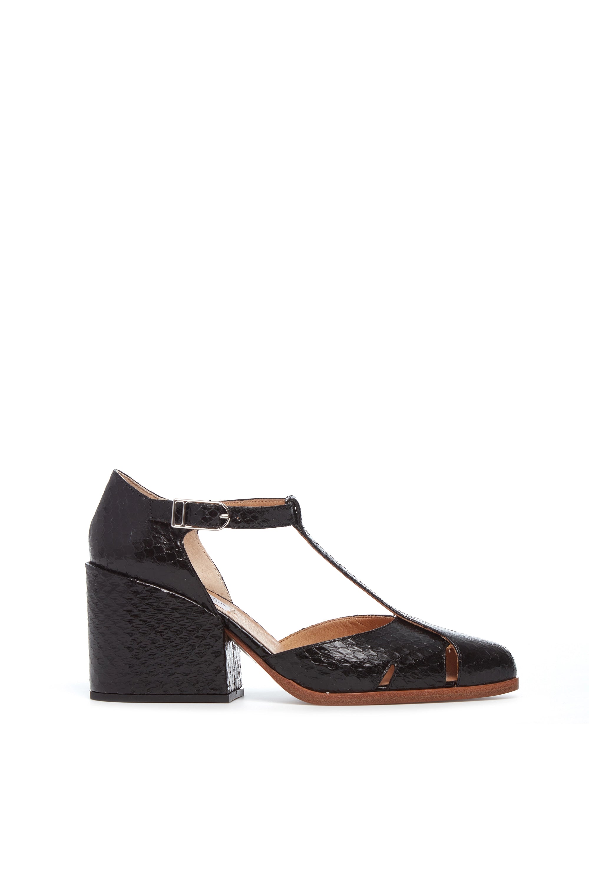 Hawes T-Strap Heel in Black Snakeskin