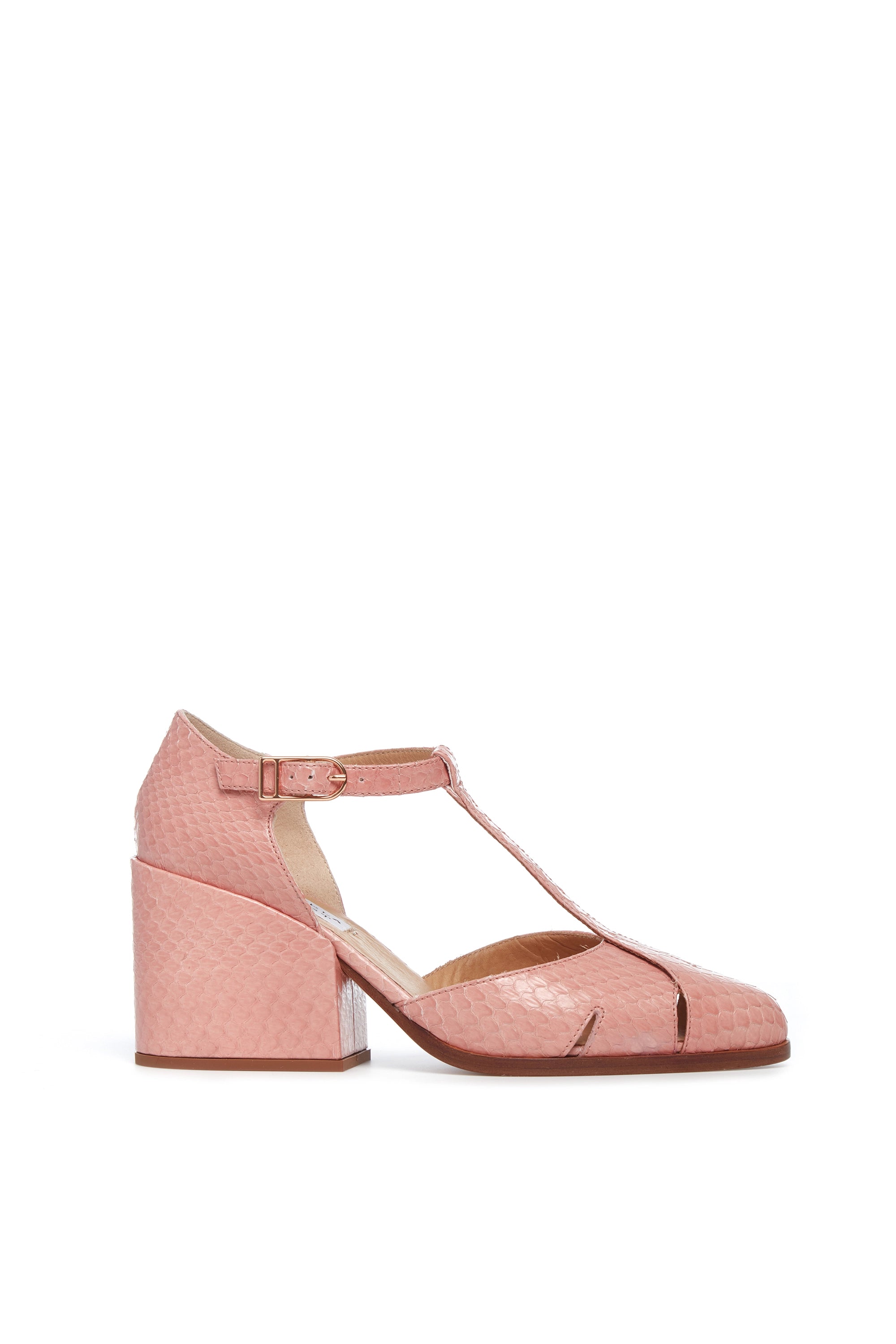 Hawes T-Strap Heel in Light Pink Snakeskin